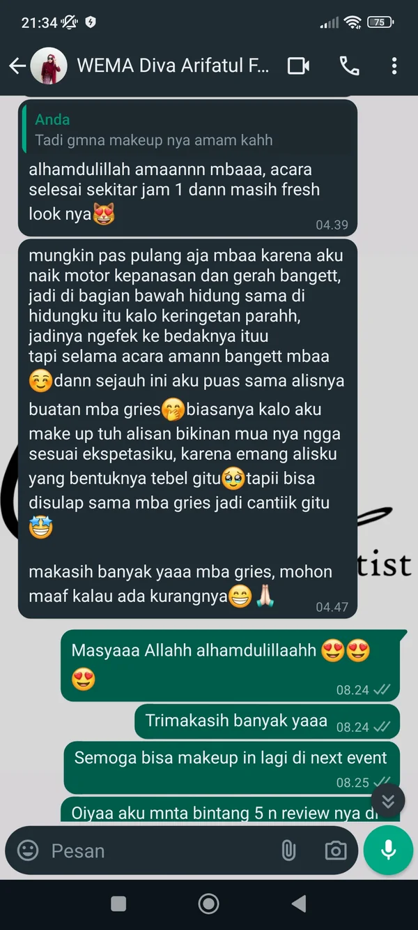 Testimoni chat WhatsApp kepuasan klien makeup Griesmakeup Malang 1